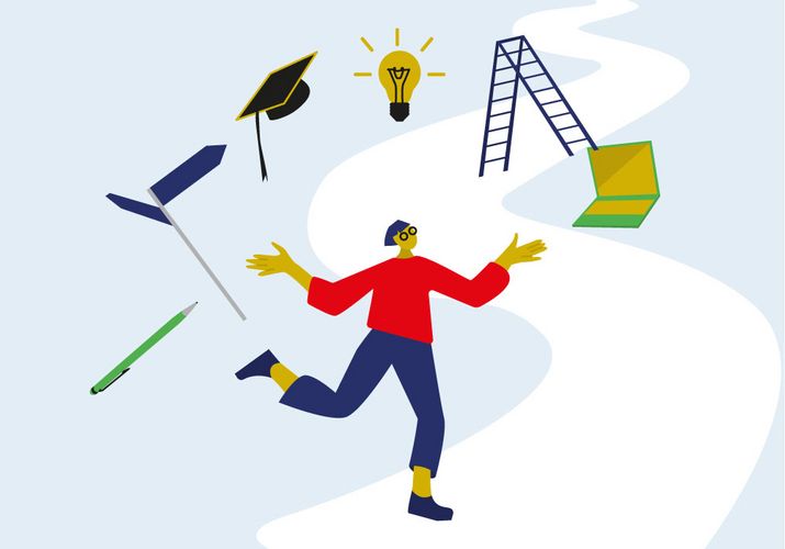 A person juggles with the challenges of a doctorate: a pen, a signpost, a graduate's hat, a light bulb, a ladder and a laptop hover above her in a semi-circle.